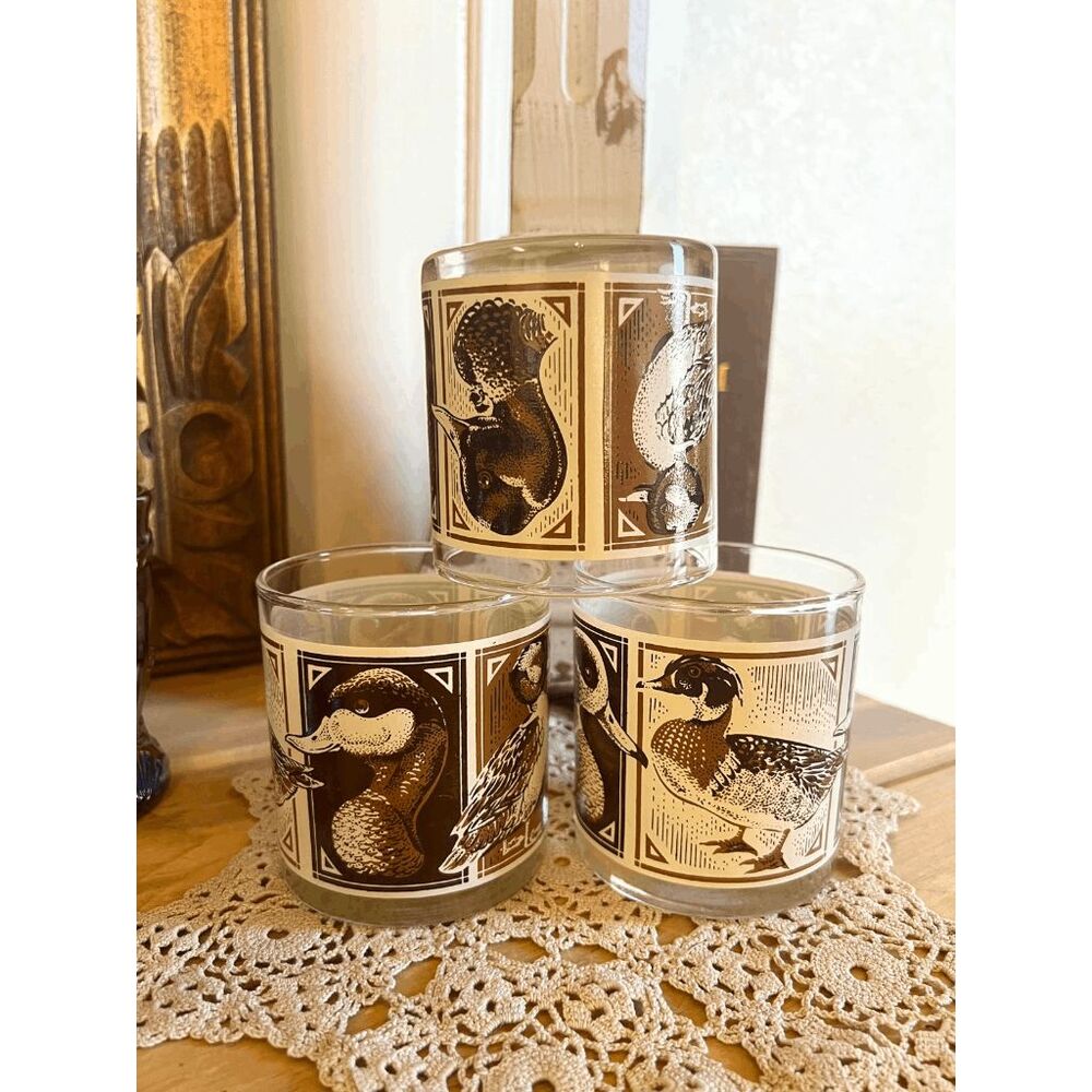 Vintage Libbey Mallard Duck Lowball Glasses, Vintage Brown Beige Old Fashioned B